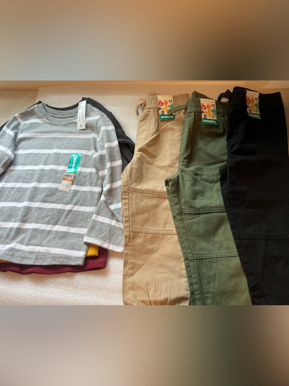 Garanimals White Striped Kids Long Sleeve Top with Tan Green and Black Pants lot